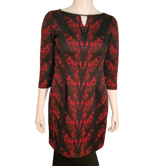 TAHARI Red Blk Graphic Snakeskin Dress 4P Leather Trim Whimsygoth Indie Artwear - Picture 1 of 11